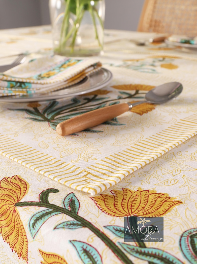Handcrafted Indian Block Printed Tablecloth Cotton, Boho Floral Design