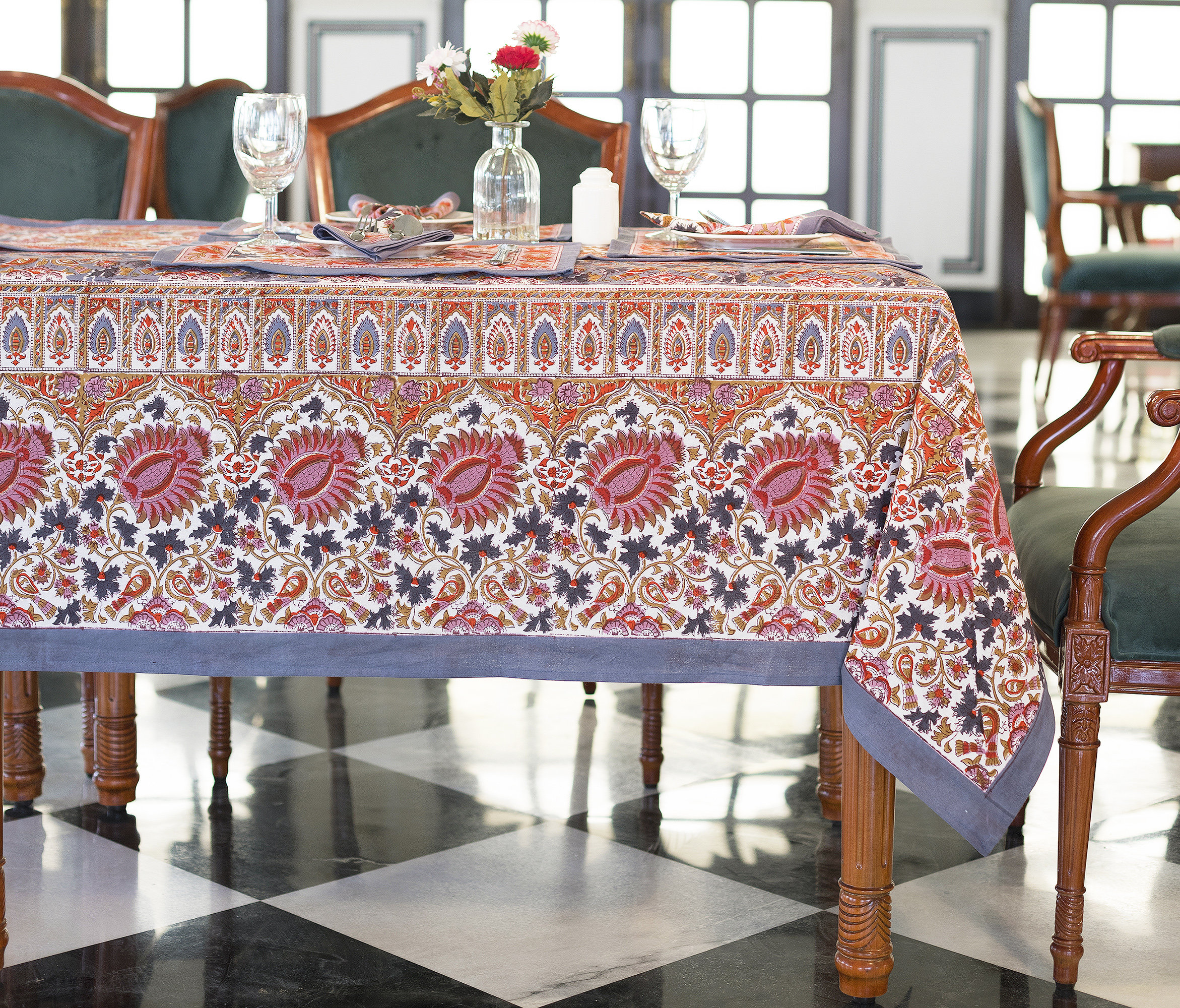 Christmas Tablecloth, Hand Block Printed ,floral Indian Cotton Table Linen  for Sale, Camric Table Cloth , 6 Seater Shabby Chic Table Cover 