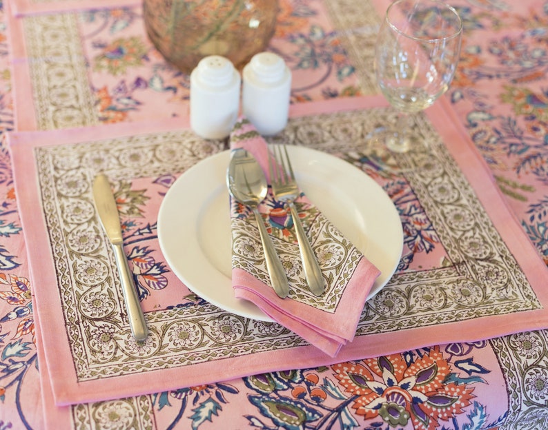 Pink Floral Round Tablecloth, Indian Block Printed Round Table Cover, Circle Tablecloth, Housewarming Gift,Farm House Party Round TableCloth image 4