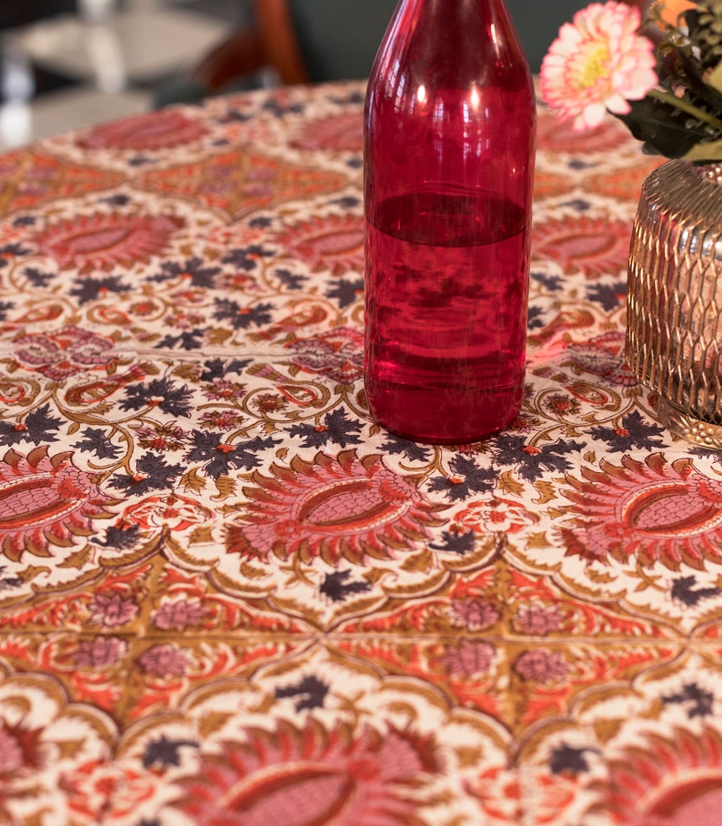 French Round Tablecloth, Indian Block Printed Round Tablecloth, 90 Inch Tablecloth, Floral Round Dinning TableCloth, Wedding Table Decor image 3