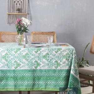 Green Floral Block Print tablecloth, Indian Cotton Table Cover, Rectangle Table Cloth, Summer Lunch Table Cloths, Dining Table Linen Cloth