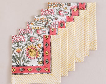 Burnt Orange, Tangerine with Green Floral Indian Block Print Napkins, Cotton Dinning Table Daily Use Napkins,Wedding Event Home Party Napkin