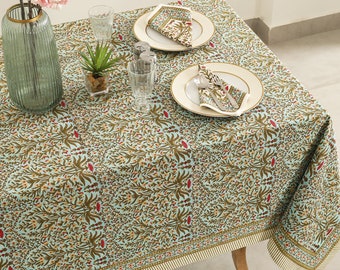 Green Block Print Tablecloth , Garden Tablecloth, Indian Table Linen,  Floral Dinning TableCloth ,Elegant Table Scape, Rectangle Tablecloth