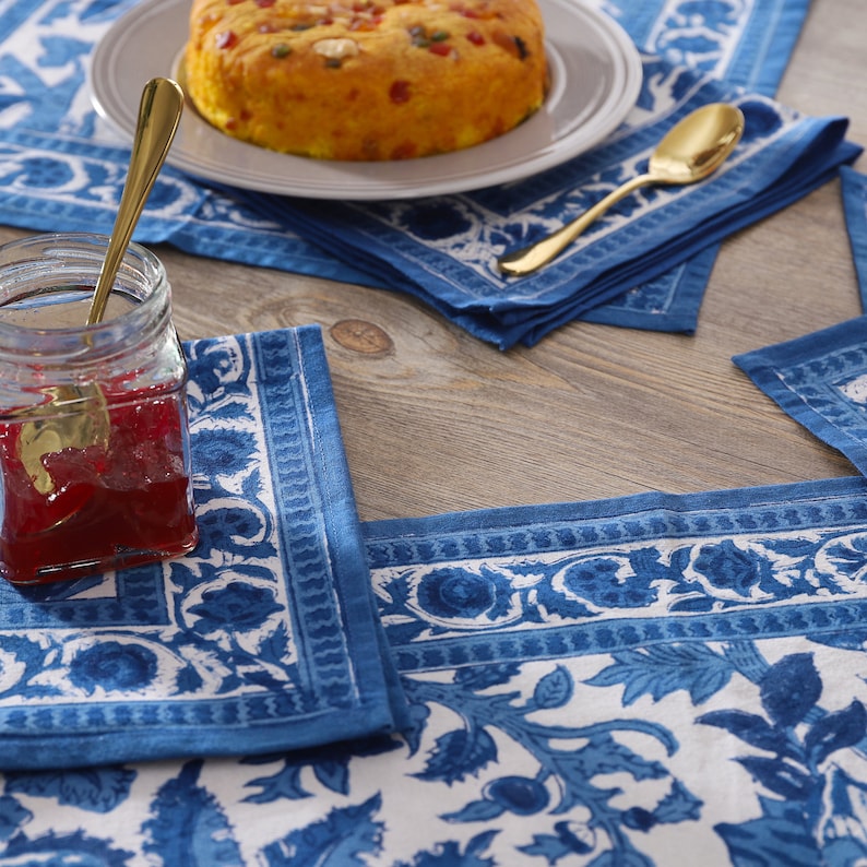 Blue And White Indian Block Print Napkins, Floral Cotton Dinning Table Daily Use Napkins , Farmhouse Wedding Event Home Party Napkins 20x20 image 2