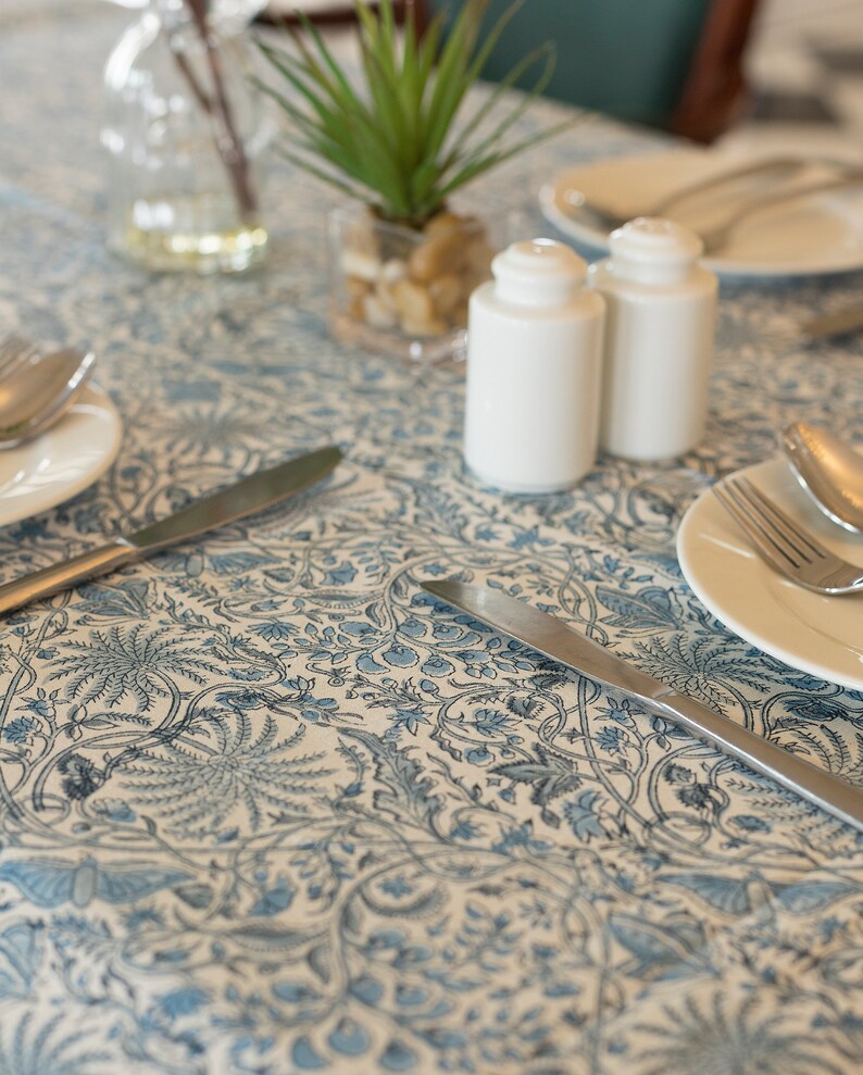 Blue Block Print Tablecloth , Garden Tablecloth, Indian Table Linen, Floral Dinning TableCloth ,Elegant Table Scape, Rectangle Tablecloth image 4