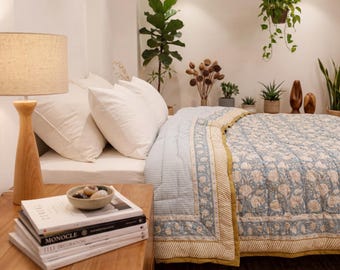 Dusty Blue Hand Block Print Cotton Quilt, King Size Reversible Floral Bedspread, Vintage Boho Lightweight Cotton Oversize Comforter Blanket