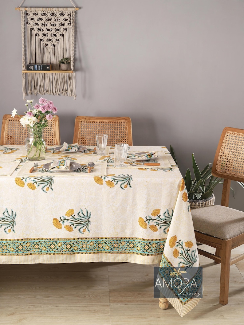 Handcrafted Indian Block Printed Tablecloth Cotton, Boho Floral Design