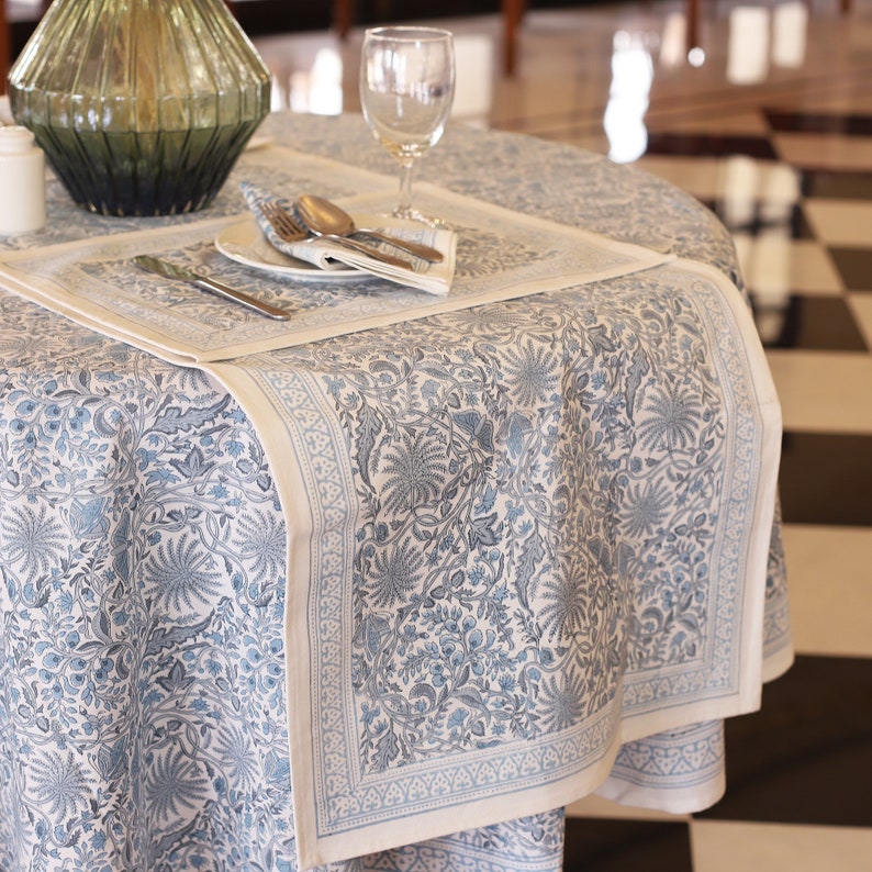 Blue Floral Round Tablecloth, Indian Block Print Round Table Cover, Circle Tablecloth, Housewarming Gift, Wedding Kitchen Round TableCloth image 2