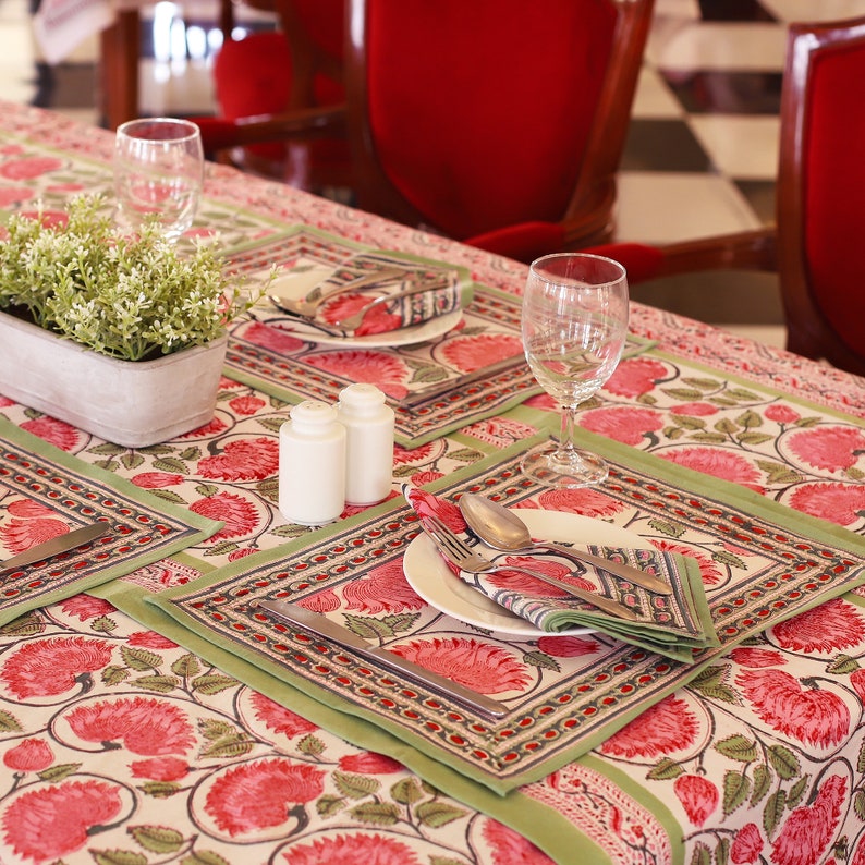 Green Indian Block Print tablecloth, Floral Cotton Table Cover, Table Cloth Runner Mats Napkins Set, French Tablecloth,Rectangle Table Cloth image 4