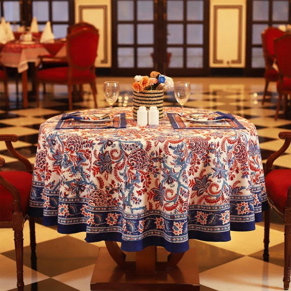 Mantel redondo floral azul, cubierta de mesa redonda con estampado