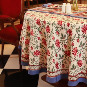 White Floral Round Tablecloth, Indian Block Print Round Table Cover, Circle Tablecloth, Housewarming Gift, Kitchen Round Table Cloth 90Inch