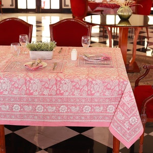 Pink Rose Floral Block Print tablecloth, Indian Cotton Table Cover, Rectangle Table Cloth, Table Cloths, Farmhouse Table Linen, Jaipur Print