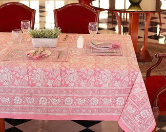 Pink Rose Floral Block Print tablecloth, Indian Cotton Table Cover, Rectangle Table Cloth, Table Cloths, Farmhouse Table Linen, Jaipur Print