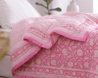 Pink Hand Block Print Cotton Quilt, Reversible Floral Bedspread, Vintage Boho Lightweight Cotton Oversize Comforter Blanket Gift For Home