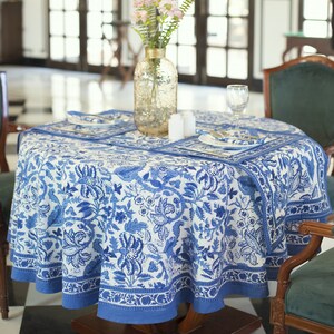 Blue Floral Round Tablecloth, Indian Block Print Round Table Cover, Circle Tablecloth, Housewarming Gift, Country Kitchen Round TableCloth image 2