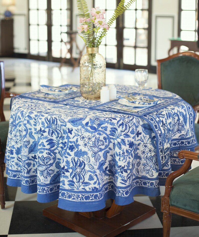 Blue Floral Round Tablecloth, Indian Block Print Round Table Cover, Circle Tablecloth, Housewarming Gift, Country Kitchen Round TableCloth image 2