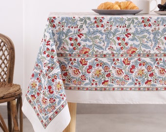 Pale Aqua, Jasper Red and White Indian Floral Hand Block Printed Cotton Cloth Tablecloth, Table Cover, Wedding Restaurant Patio Outdoor Gift