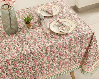 Green Pink Floral Block Print tablecloth, Indian Cotton Table Cover, Rectangle Table Cloth, Summer Lunch Table Cloths, Dining Table Linen