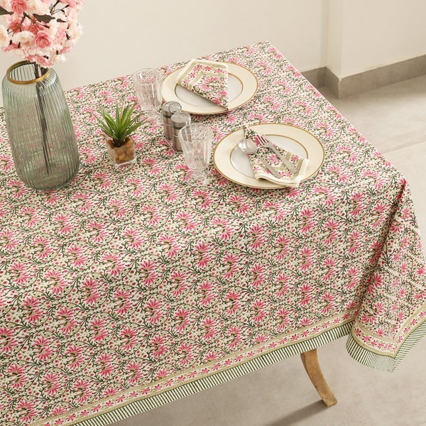 Green Pink Floral Block Print tablecloth, Indian Cotton Table Cover, Rectangle Table Cloth, Summer Lunch Table Cloths, Dining Table Linen