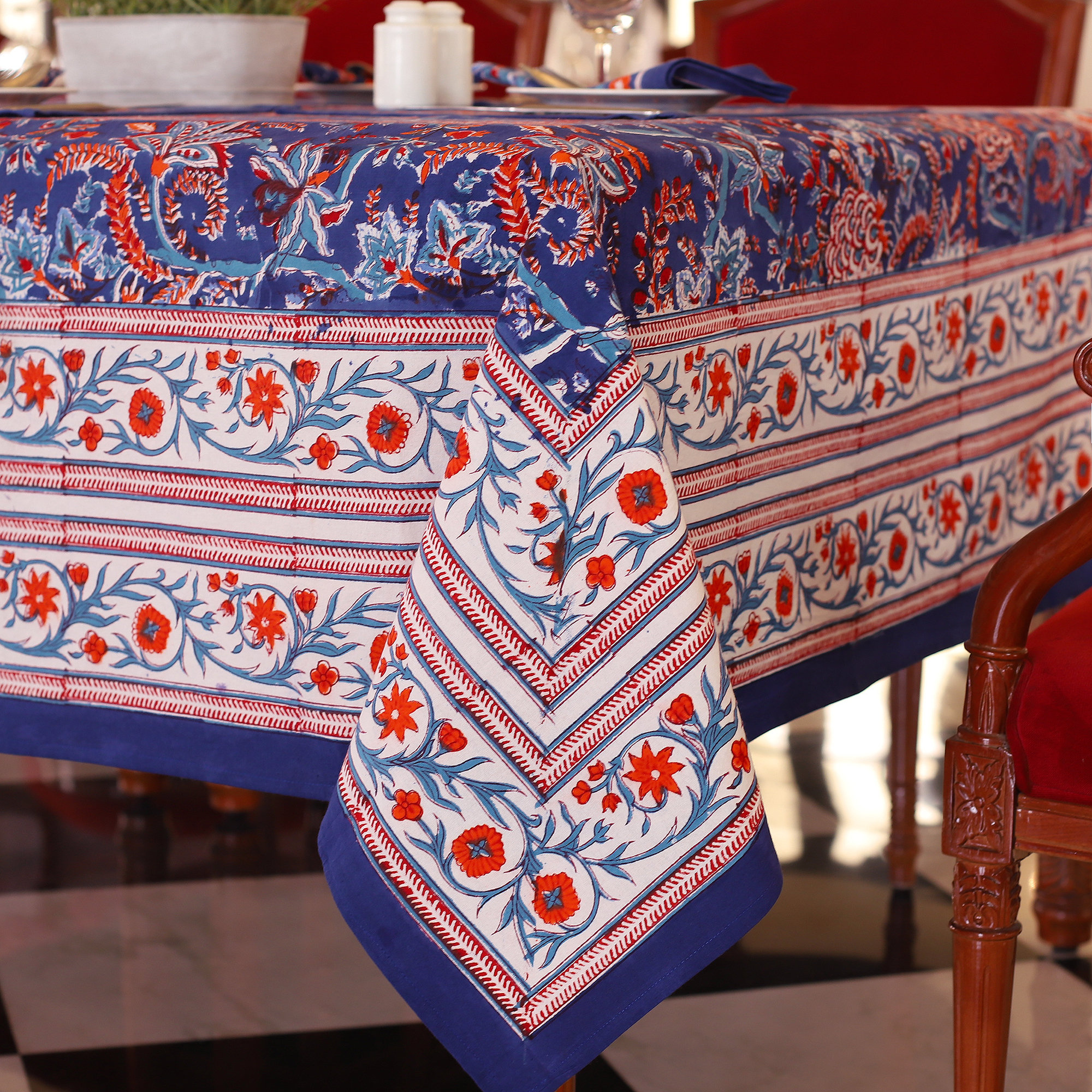 Blue Block Print Tablecloth Wedding Table Cover Table Cloth Etsy