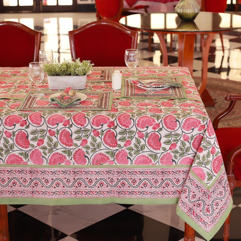 Green Indian Block Print tablecloth, Floral Cotton Table Cover, Table Cloth Runner Mats Napkins Set, French Tablecloth,Rectangle Table Cloth image 2