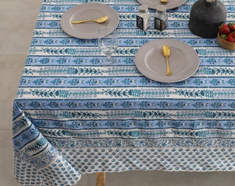 Avignon Blue & Marine Block Print tablecloth, Outdoor Tablecloth, French Anokhi Tablecloth, Modern Floral Table Cloths, Indian Table Cover