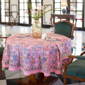 Pink Floral Round Tablecloth, Indian Block Printed Round Table Cover, Circle Tablecloth, Housewarming Gift,Farm House Party Round TableCloth image 3