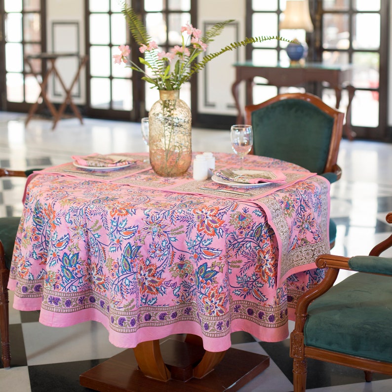 Pink Floral Round Tablecloth, Indian Block Printed Round Table Cover, Circle Tablecloth, Housewarming Gift,Farm House Party Round TableCloth image 3