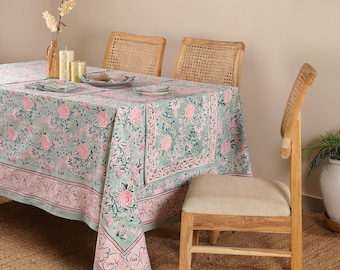 Hand Block Print Cotton Tablecloth: Sea Green Pink Floral