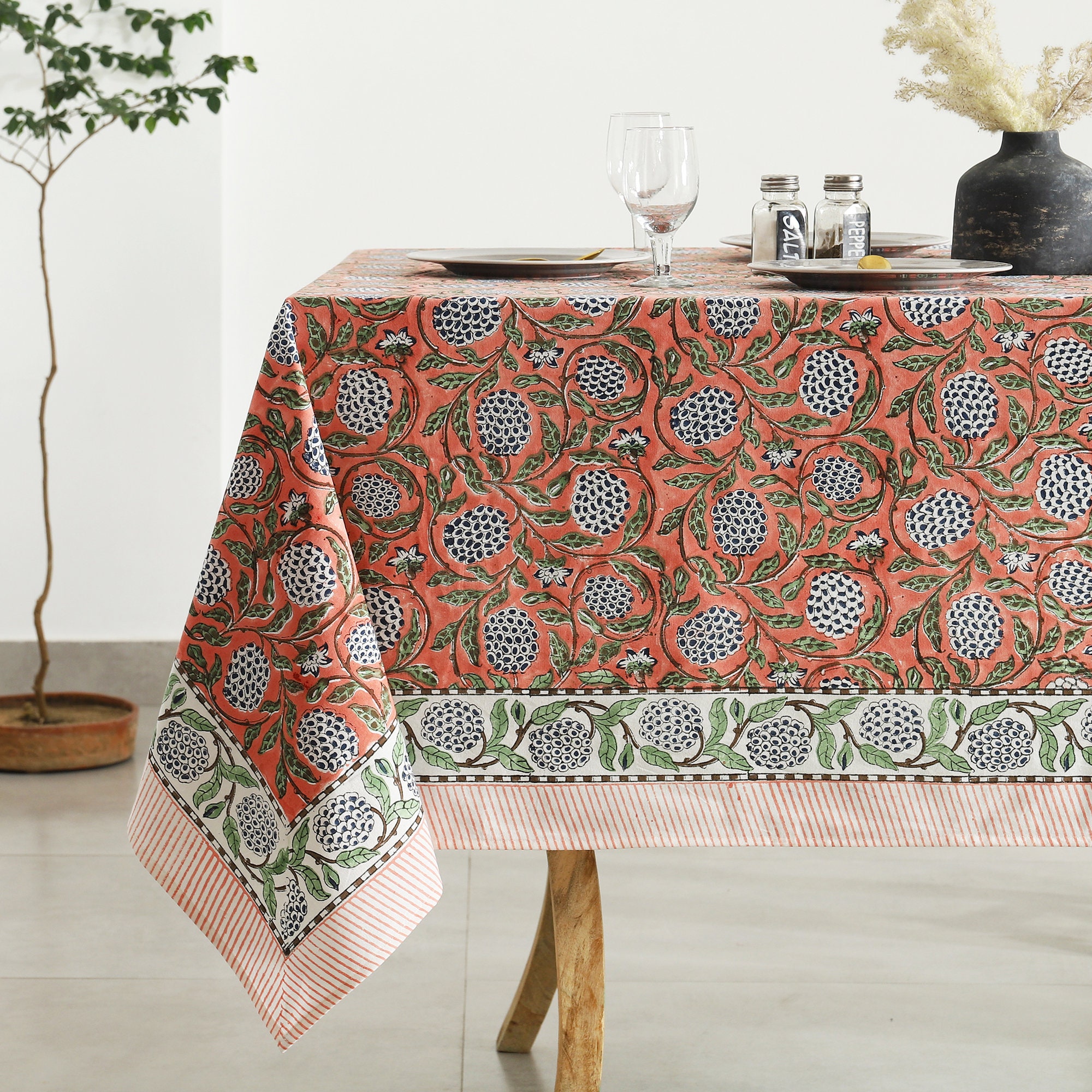Elegant Sage and Cream Hand Block Print Table Cloth with Matching Napk – Go  Kismet
