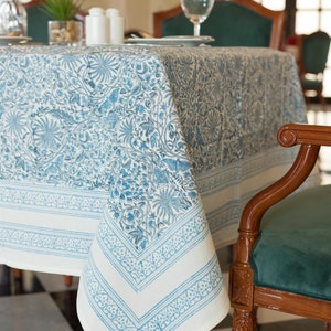 Blue Block Print Tablecloth , Garden Tablecloth, Indian Table Linen, Floral Dinning TableCloth ,Elegant Table Scape, Rectangle Tablecloth image 3