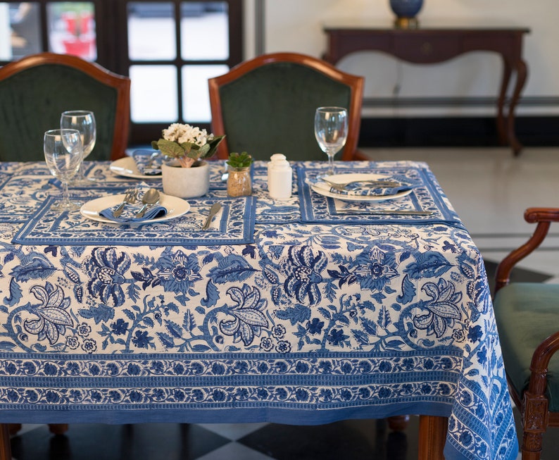 Indian Block Print tablecloth, Floral Cotton Table Cover, Table Cloth Runner Mats Napkins Set ,Blue Jaipur Tablecloth, Rectangle Table Cloth image 2