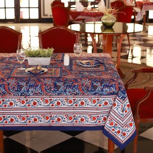 Blue Block Print tablecloth, Wedding Table Cover, Table Cloth Runner Mats Napkins Set, French Anokhi Tablecloth, Modern Table Cloths Dinner