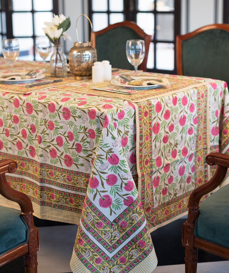 White Indian Block Print Tablecloth Floral Cotton Table Etsy