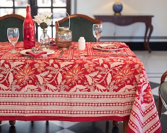 Indian Block Print tablecloth, Red Floral Cotton Table Cover, Table Cloth Runner Mats Napkins Set ,6 seater Farmhouse Tablecloth , Art Decor