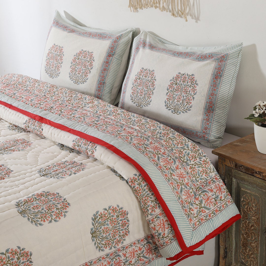 Hand Block Print Indian Bedding Quilt – 100% Soft Cotton Razai Comforter, Queen Size 90x108 Inches