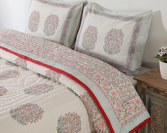 Hand Block Print Indian Traditional Ethnic Handmade Cotton Light Weight Reversible Razai Quilt Throw Natural Floral Printed Blanket Coverlet