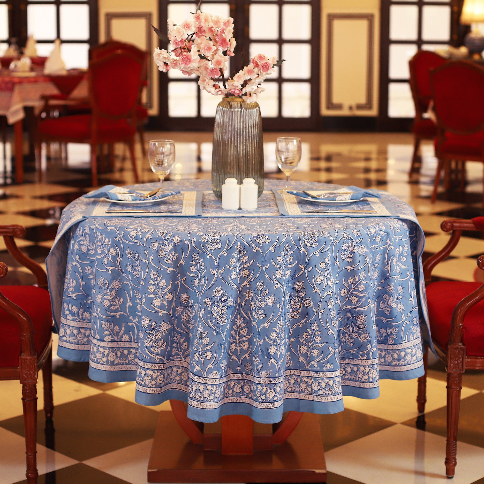 Blue Floral Round Tablecloth Indian Block Print Round Table Etsy