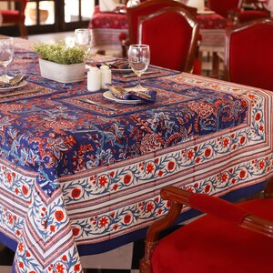 Blue Block Print tablecloth, Wedding Table Cover, Table Cloth Runner Mats Napkins Set, French Anokhi Tablecloth, Modern Table Cloths Dinner zdjęcie 2