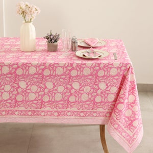 Pink White Floral Block Print tablecloth, Indian Cotton Table Cover, Rectangle Table Cloth, Summer Lunch Table Cloths, Farmhouse Table Linen