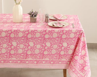 Pink White Floral Block Print tablecloth, Indian Cotton Table Cover, Rectangle Table Cloth, Summer Lunch Table Cloths, Farmhouse Table Linen