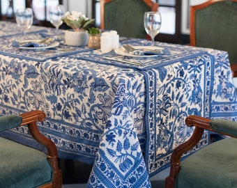 Nappe indienne à imprimé blocs, napperon en coton à fleurs, ensemble de serviettes, tapis, chemin de table, nappe bleu Jaipur, nappe rectangulaire