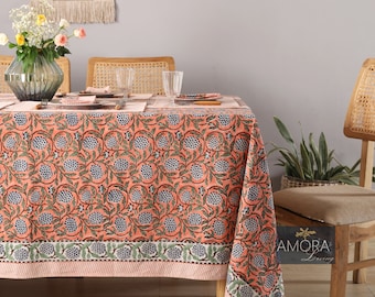 Dark Salmon Pink Block Printed Cotton Tablecloth - Boho Dining Table Cover - Handmade Farmhouse Decor - Rustic Kitchen Linens - Hostess Gift
