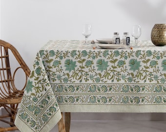 White Green, Old Moss Green Indian Floral Hand Block Printed Cotton Cloth Tablecloth, Table Cover, Farmhouse Wedding Christmas, Table Linen