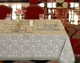 Green Block Print tablecloth, Floral Table Scape Decoration, Table Cloth Runner Mats Napkins Set, Anokhi Tablecloth, Rectangle Table Cloth