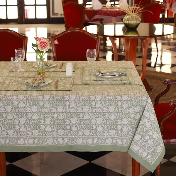 Green Block Print tablecloth, Floral Table Scape Decoration, Table Cloth Runner Mats Napkins Set, Anokhi Tablecloth, Rectangle Table Cloth