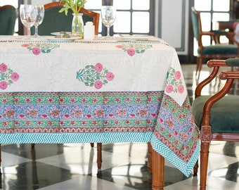 Floral Tablecloth Cover, Block Printed Tablecloth, Indian Table Linen,  Wedding Dinning TableCloth ,Kitchen Decoration, Rectangle Tablecloth