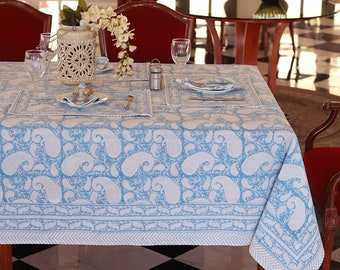 Blue Paisley Block Print tablecloth, Indian Cotton Table Cover, Rectangle Table Cloth, Easter Table Cloth, Garden Party Table Scape Decor