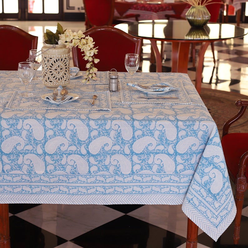 Blue Paisley Block Print tablecloth, Indian Cotton Table Cover, Rectangle Table Cloth, Easter Table Cloth, Garden Party Table Scape Decor image 1