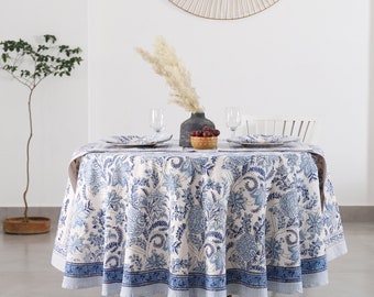 Blue Round Tablecloth, Indian Floral Block Printed Cotton Cloth Table cover, Party Wedding Home Decor Event Farmhouse Table Linen Home Gift